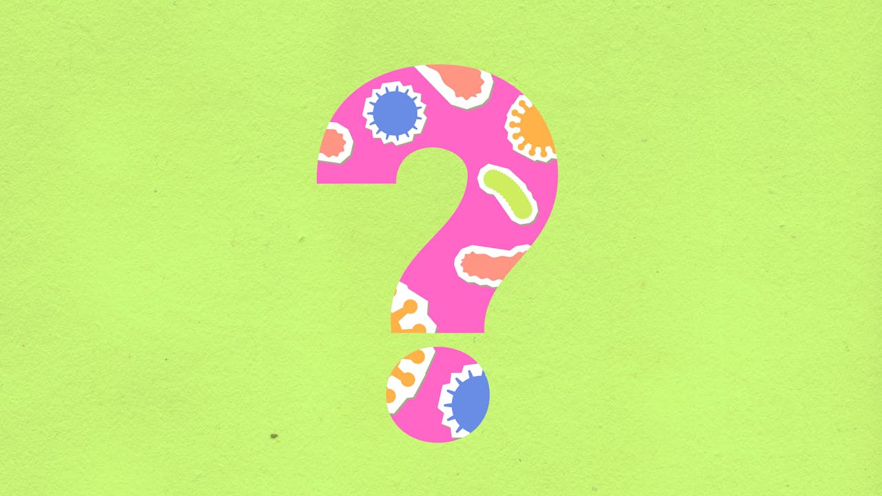 From above of decorative cardboard appliques of question mark with various oval shaped cells and microbes